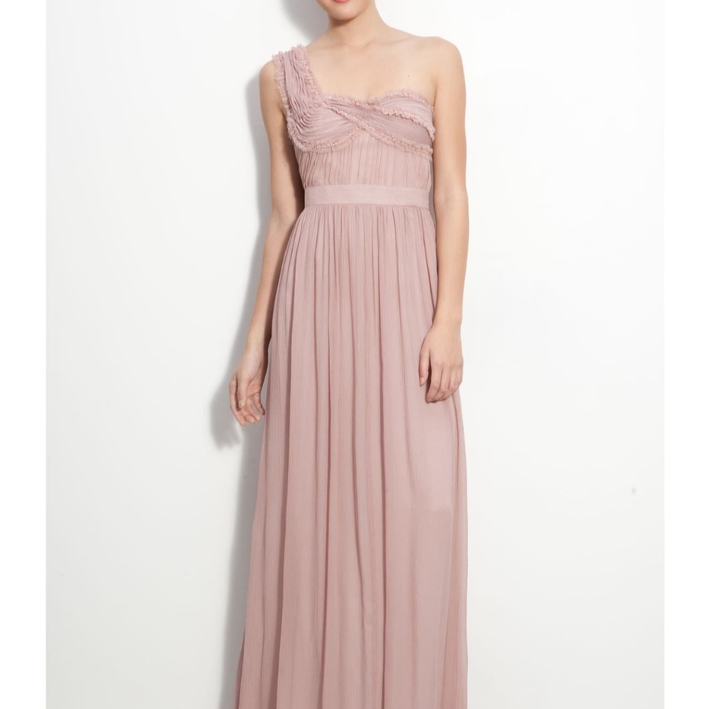 Adrianna Pappell blush one-shoulder gown